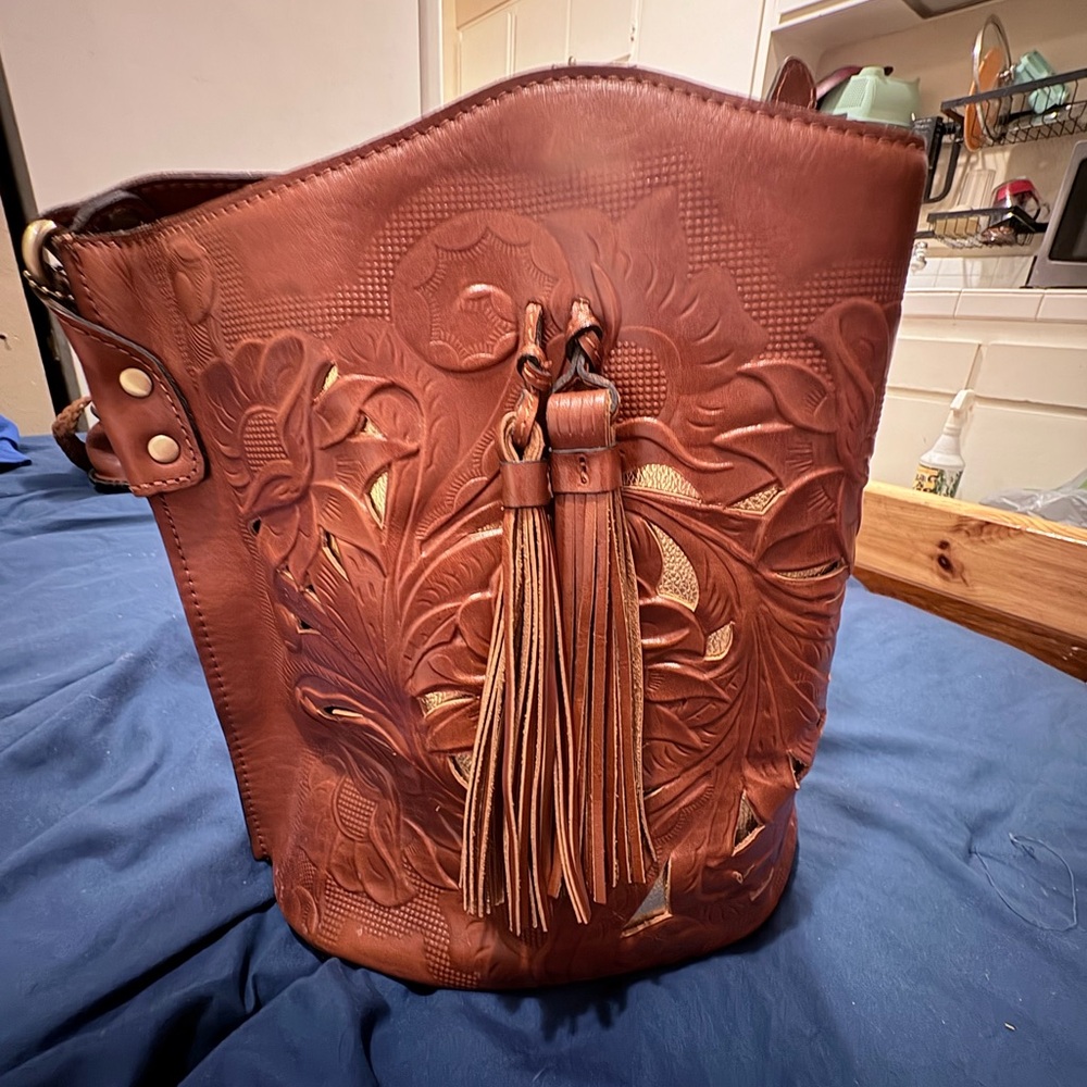 Patricia Nash Floral Embossed Tan Leather Shoulder Bag
